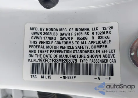 2021 Honda Civic Ex from USA, damaged, VIN 19XFC1F33ME203079